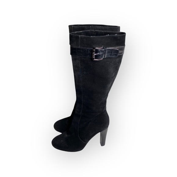 Michael Kors ♔ Croc Embossed Buckled Tall Heeled Boots Boot ♔ Black Suede ♔ 6M ♔ - Picture 5 of 16